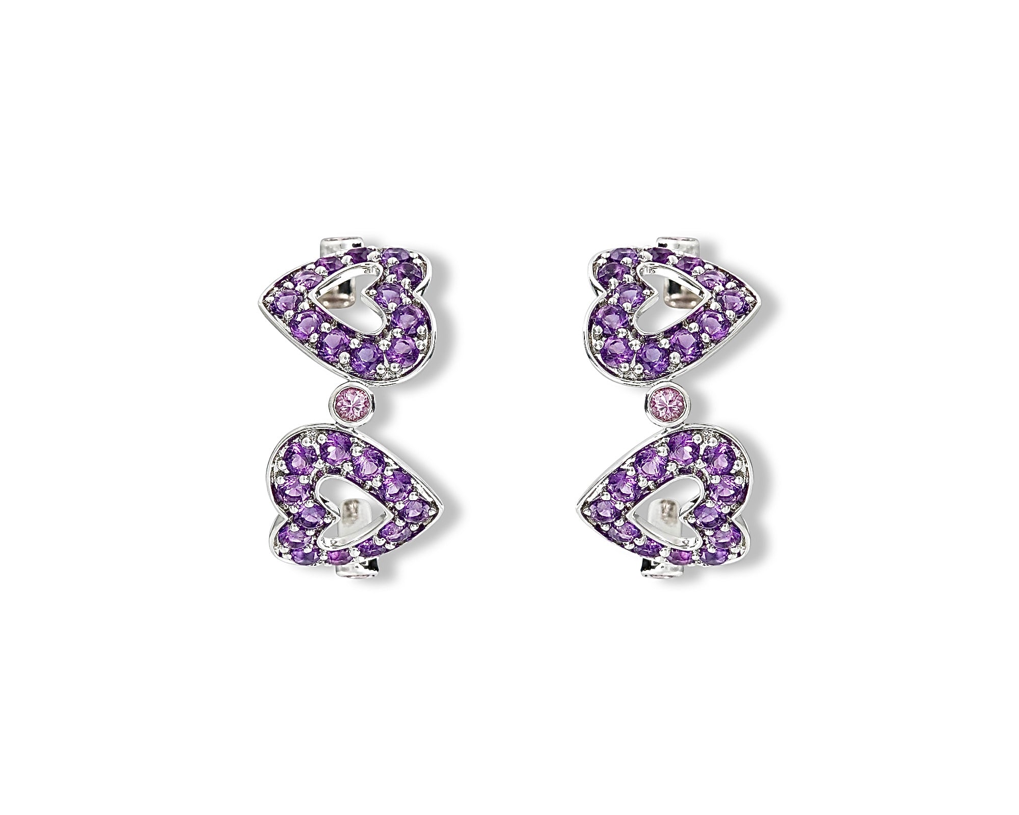 Amethyst Pink Sapphire Polka Dot Heart Hoops