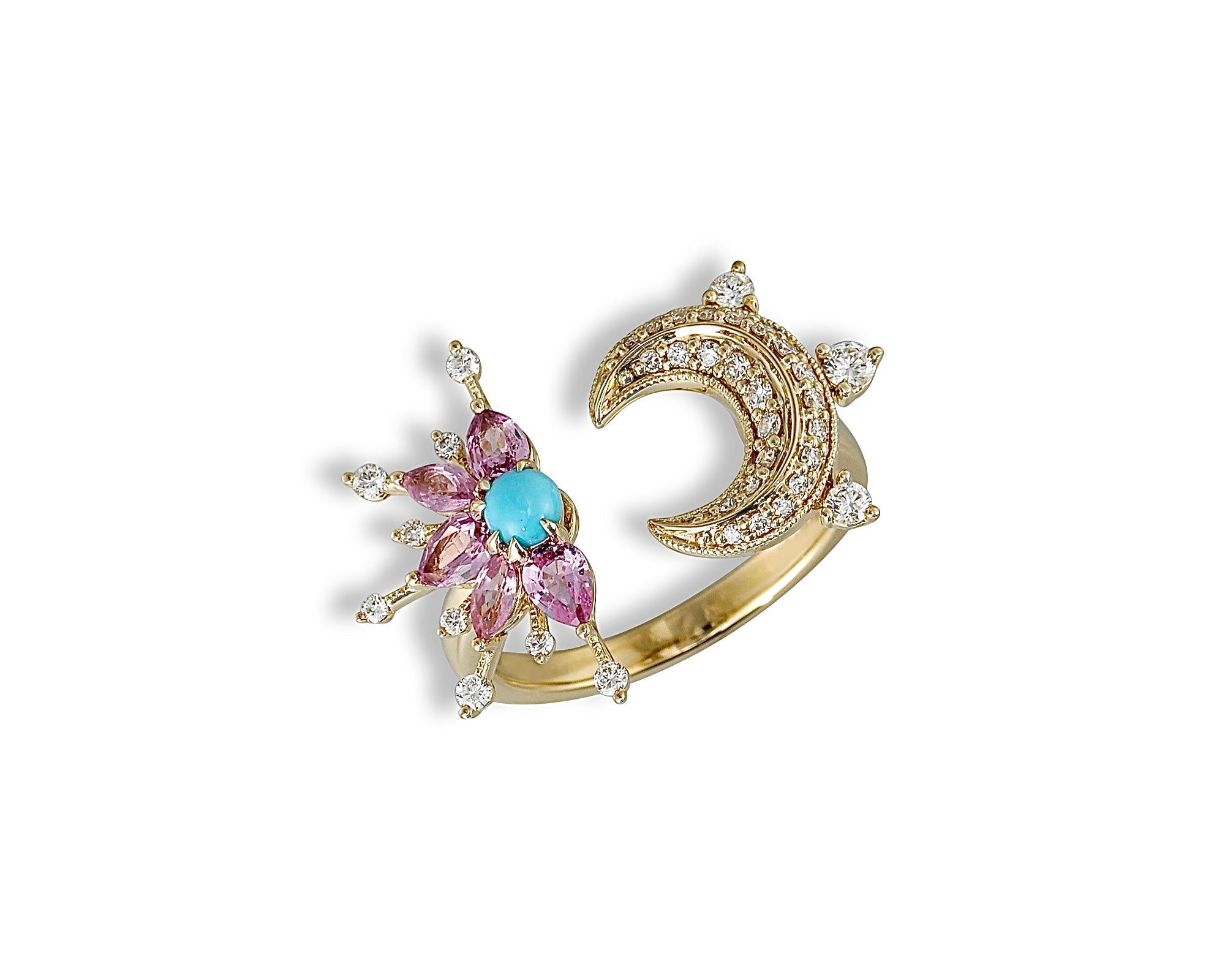 Pink Turquoise Star and Moon Diamond Ring
