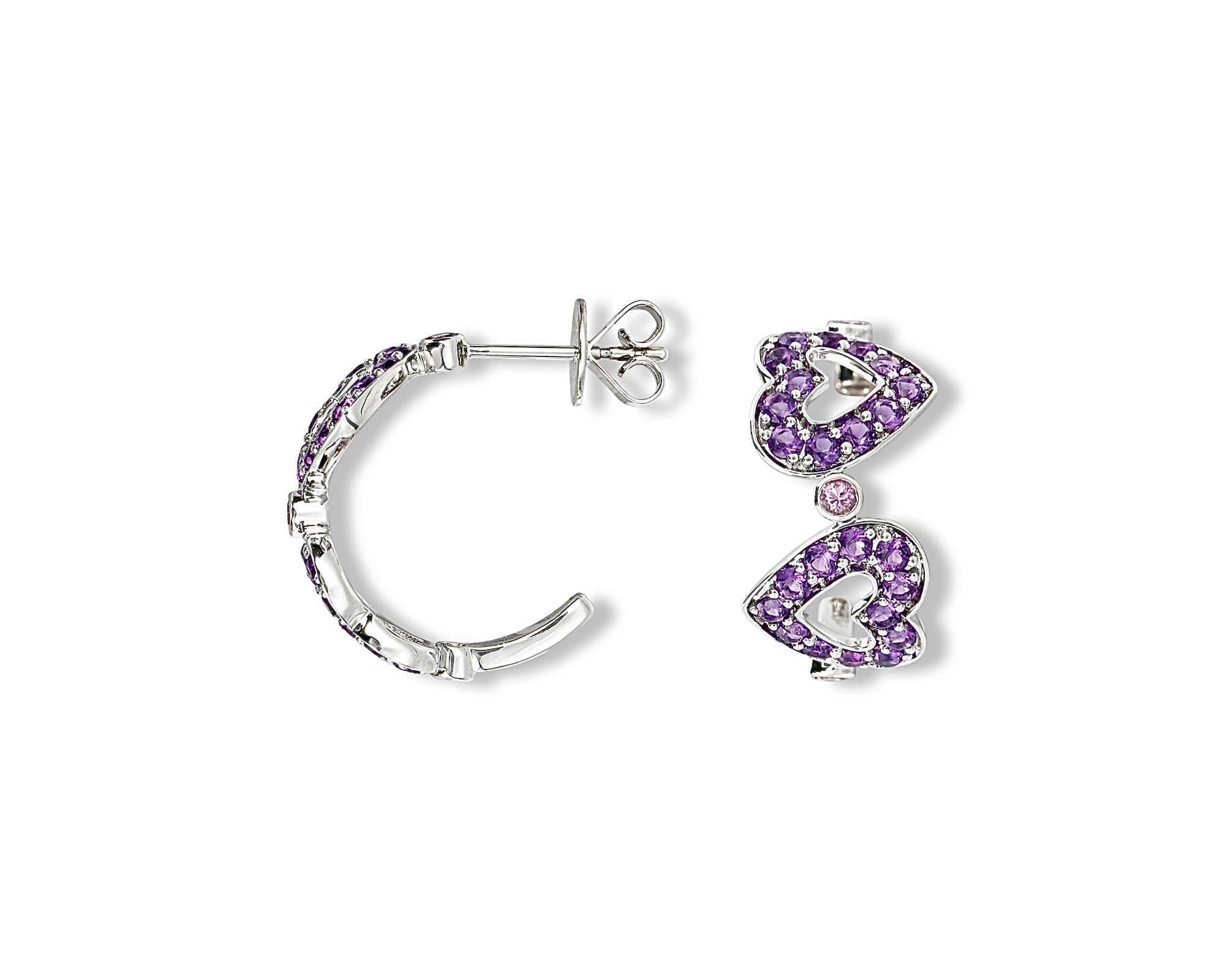 Amethyst Pink Sapphire Polka Dot Heart Hoops