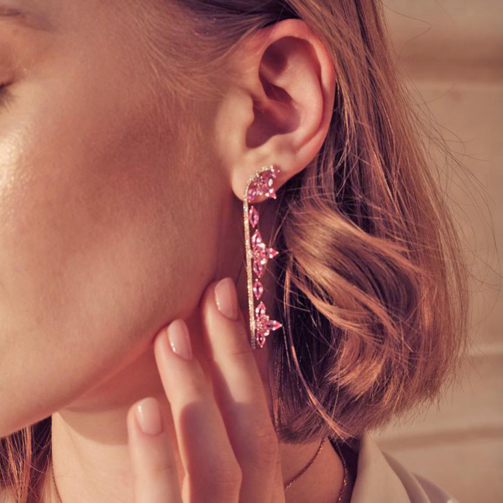 Long Pink Flower Stem Earring