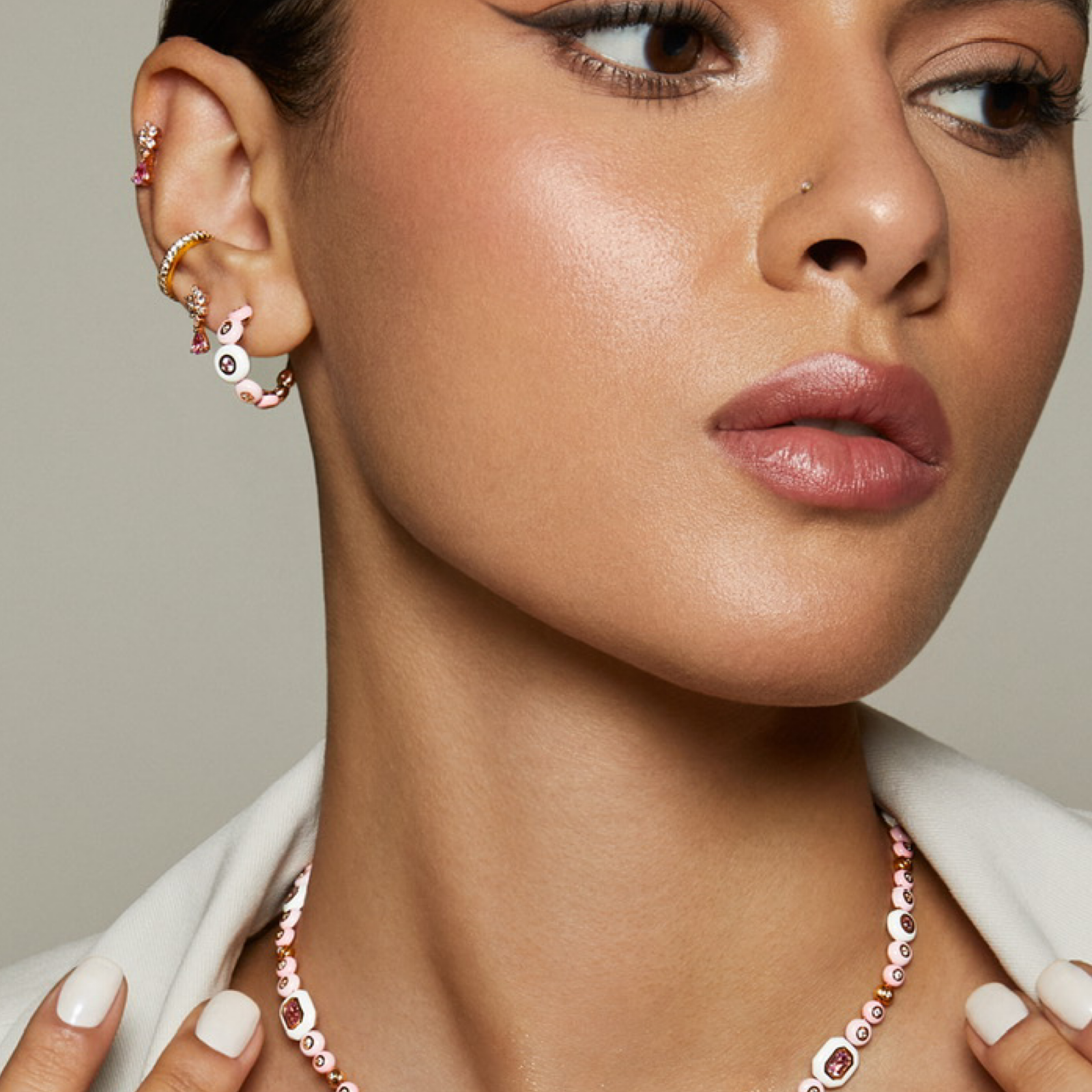 Pink Flower Pear Drop Single Stud