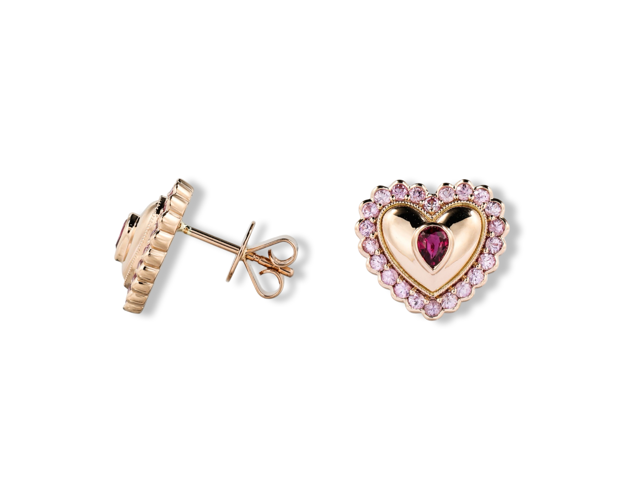 Pink Sapphire Ruby Vintage Button Heart Stud