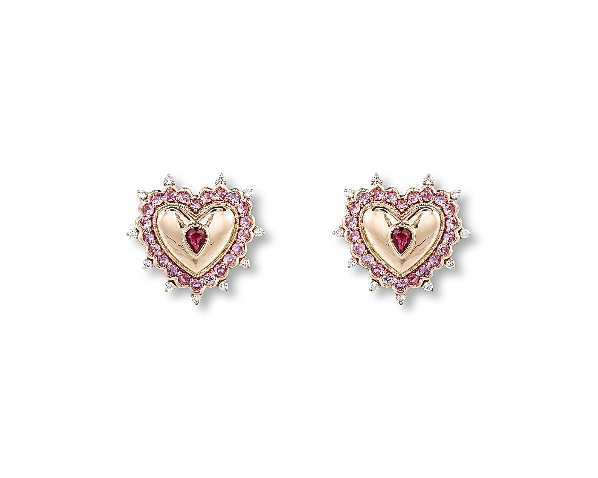 Pink Sapphire Ruby Vintage Button Heart Diamond Earring