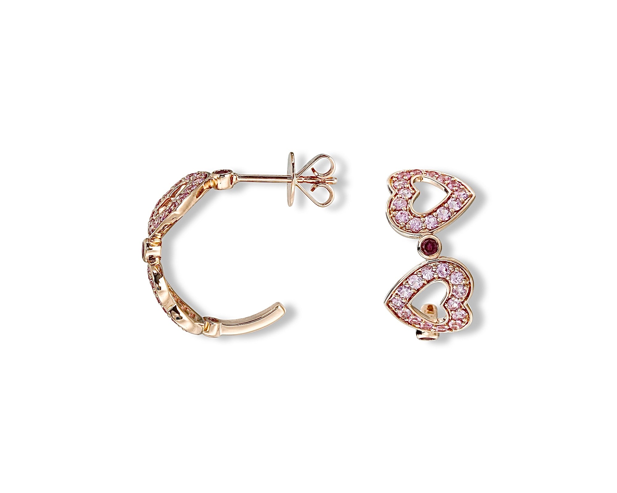 Pink Sapphire Ruby Polka Dot Heart Hoops