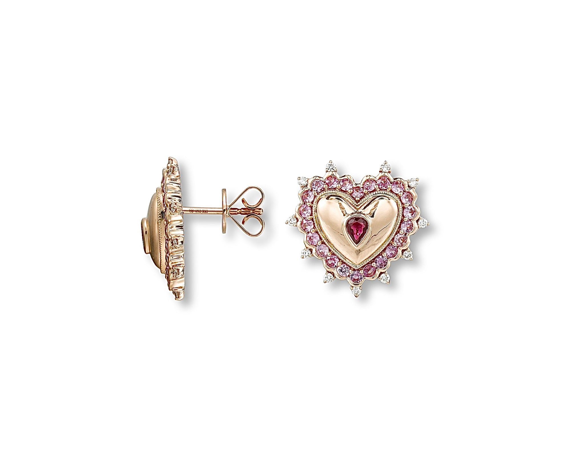 Pink Sapphire Ruby Vintage Button Heart Diamond Earring