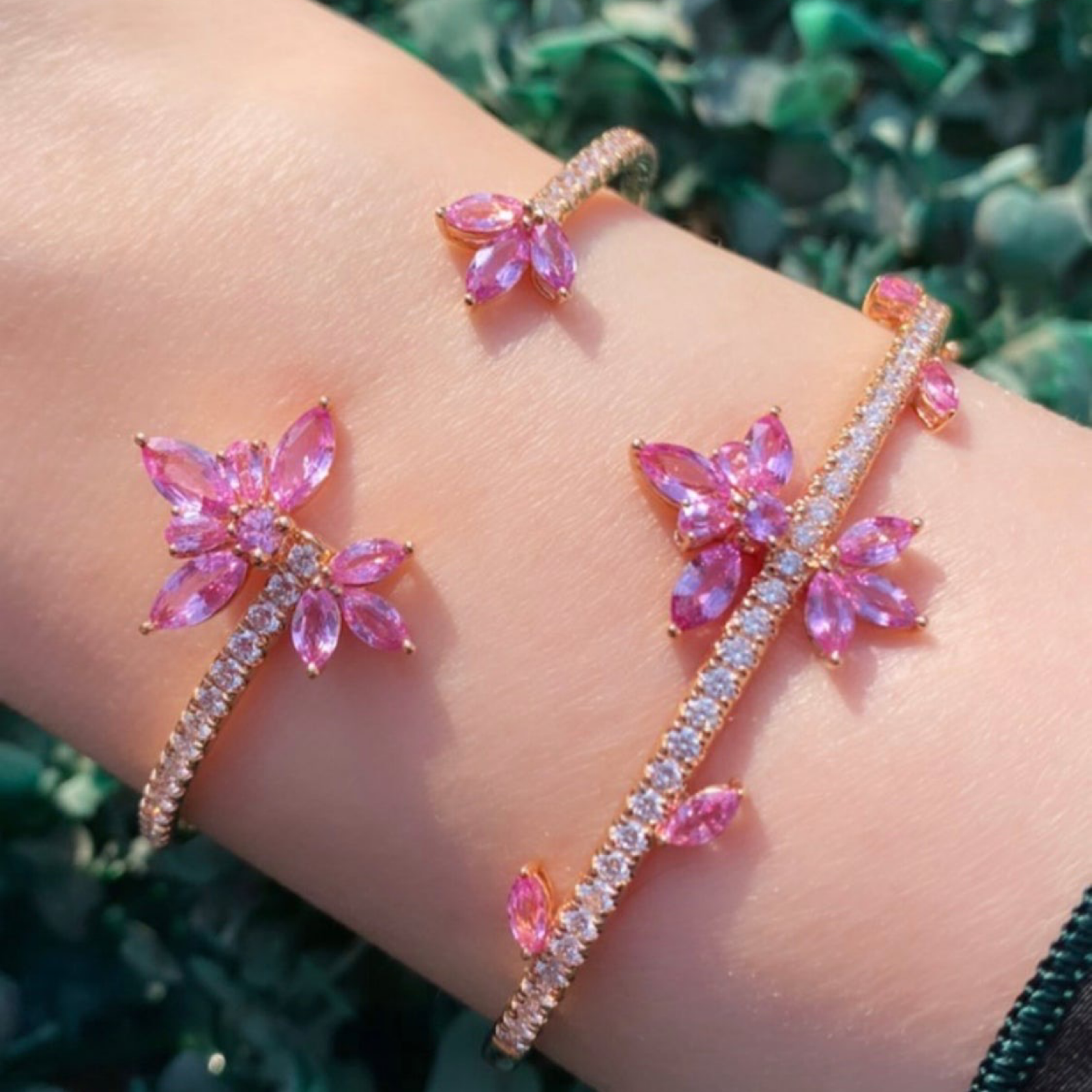 Pink Flower Open Bangle (Large)